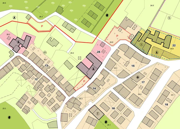 Wyimaginowany Plan Miasta Wskazaniami Miejscowości Miejskich Budynkami Drogami Terenami Zabudowy — Zdjęcie stockowe