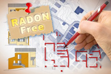 İnşaat endüstrisindeki ve binadaki tehlikeli radon gazından korunmak - etkinlik - radon olmayan bir bina için inşaat malzemesi ile mimari çizim kavramı