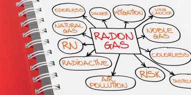 Ana karakteristik özelliklerinin tanımlayıcı bir şemasına sahip tehlikeli doğal Radon Gazı hakkında tasarım - Hastalık İnşa Sendromu konsepti çizimi.