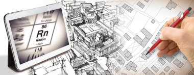 Yeni bir şehir planlamak, topraktaki tehlikeli radon gazına dikkat çekmek, bir mühendis ya da mimar ile birlikte radon kavramına sahip yeni bir modern hayali kasaba ve dijital tablet çizimi.