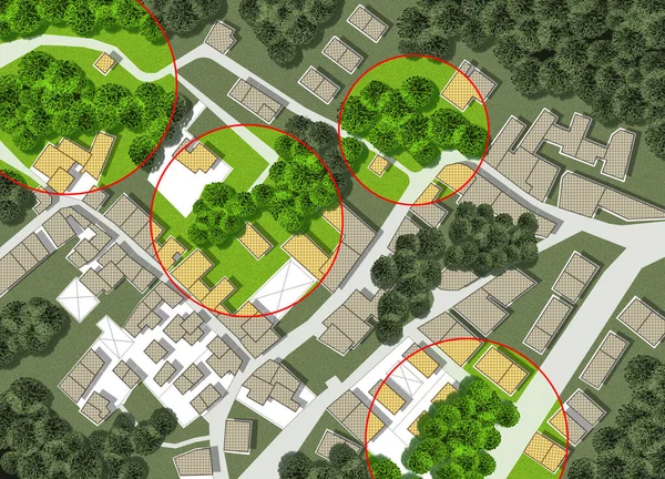 Census of trees in cities -  green management and tree mapping concept with imaginary city map with highlighted trees