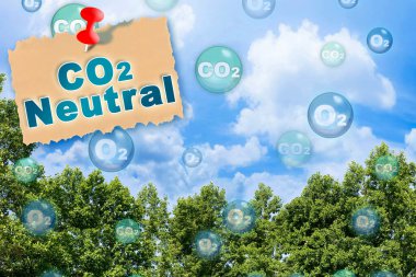 CO2 Net-Zero Emission - Carbon Neutrality concept against a forest background with oxygen O2 and carbon dioxide CO2 molecules clipart