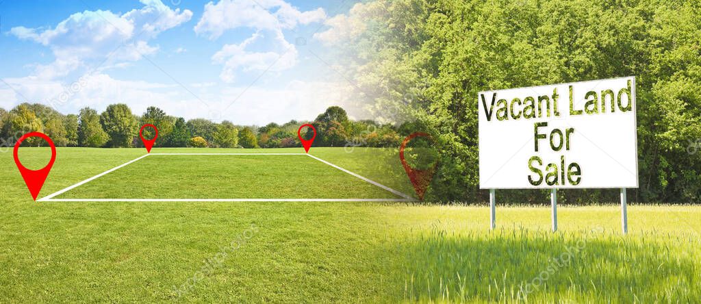 Land plot management - real estate concept with a vacant lot for sale available for building construction in a residential area - concept with an advertising billboard in a rural scene 