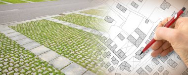 Bir yerleşim bölgesinde binalar, yollar ve merkezi park alanı olan hayali şehir haritası - konsept görüntü.
