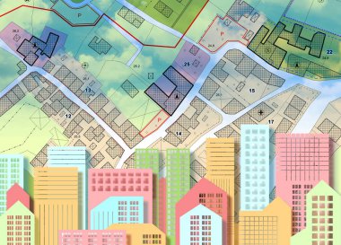 Imaginary General Urban Plan with urban destinations, buildings, buildable areas, land plot and cityscape on foreground clipart