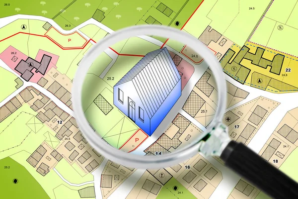 Yeni ev aranıyor - binalar, yollar ve büyüteçle hayali bir Şehir Planı ile - Not: harita tamamen icat edildi ve gerçek bir yeri temsil etmiyor