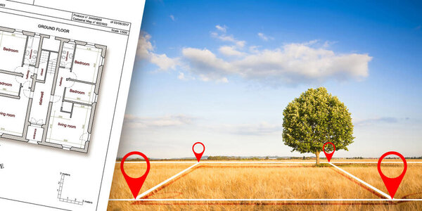 Управление земельным участком - концепция недвижимости с пустым участком и одиноким деревом на пшеничном поле, доступная для строительства в жилом районе для продажи и воображаемая кадастровая карта