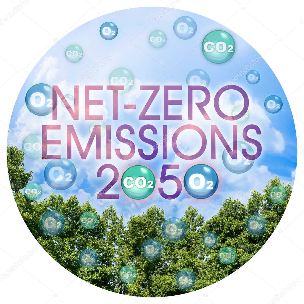 European Union sets new climate law: net-zero emissions are now a target for 2050 - Carbon Neutrality concept with CO2 and O2 molecules against tree canopy and sky background