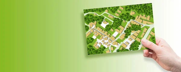 Inbillad Stadskarta Med Bostadshus Vägar Trädgårdar Grönområden Och Träd Grönt — Stockfoto