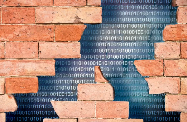 Data Breach concept with cracked brick wall and binary code