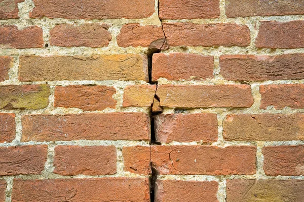 Diepe Scheur Een Oude Beschadigde Bakstenen Muur Oorzaak Als Gevolg — Stockfoto