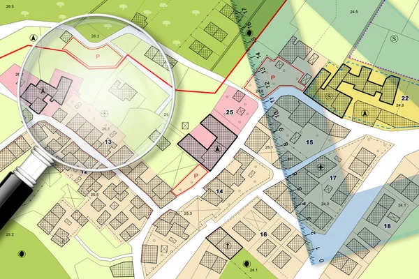 Plastic set square and magnifying glass over an imaginary General Urban Plan - 3D render concept image with copy space - note: the map is totally invented and does not represent any real place