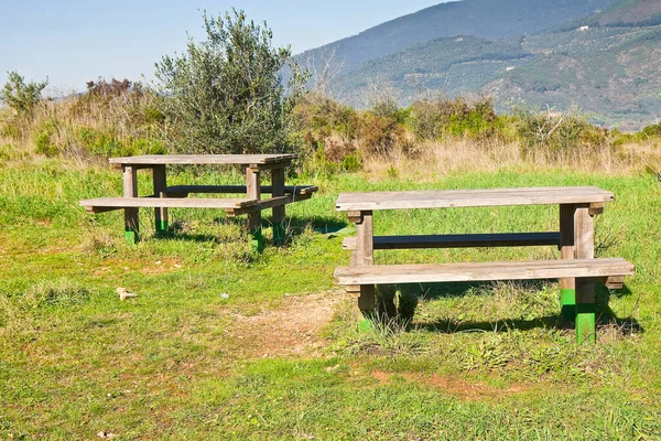 Picknicktafels Een Groene Weide — Stockfoto