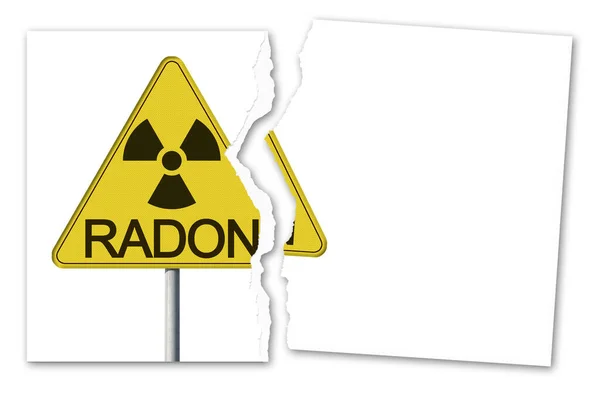 Free from danger of radioactive contamination from RADON GAS - concept with ripped photo of warning symbol of radioactivity on road sign