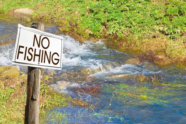 Geen Visgebied Concept Met Informatie Verkeersborden Tegen Een Stroom Water — Stockfoto