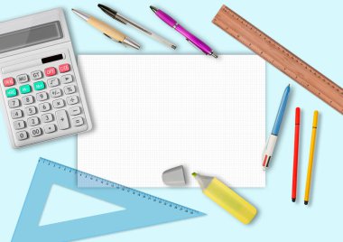 A4 biçiminde boş karelere sahip masaüstü çalışma araçları - metin yerleştirme için kopyalama alanı olan düz tasarım konsept resmi.