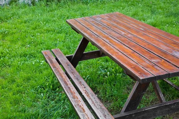 Drewniany Pusty Stół Piknikowy Zielonej Łące Parku Publicznego — Zdjęcie stockowe