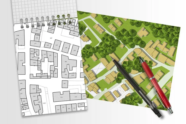 Fantasievolle Katasterkarte Des Territoriums Mit Gebäuden Straßen Und Grundstücken Grundbuchkonzept — Stockfoto