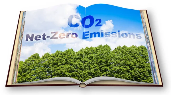 CO2 Net-Zero Emission concept against a forest - Carbon Neutrality concept - 2050 According to European law - 3D render of an opened photo book isolated on white background