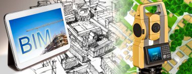 Planning a new city with BIM, Building Information Modeling system, a new way of architecture designing - concept with an engineer or architect drawing a sketch of a new modern imaginary town and digital tablet clipart