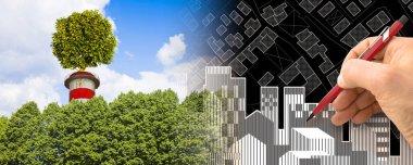 Şehirlerimizde yeşil endüstriyel dönüşüm - Sıfır CO2 emisyon kavramı baca üzerinde bir ağaç ve hayali şehir haritası ile.