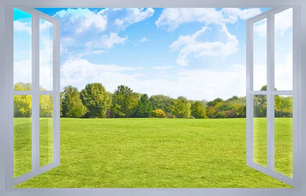 Vacker Grön Klippt Gräsmatta Med Träd Och Himmel Bakgrunden Sett — Stockfoto