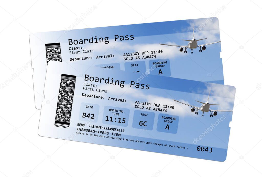 Airline boarding pass tickets isolated on white - The contents of the image are totally invented