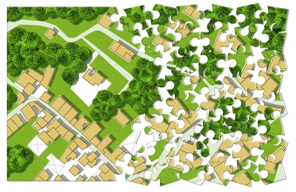 Föreställ Dig Stadskarta Med Bostadshus Vägar Trädgårdar Grönområden Och Träd — Stockfoto