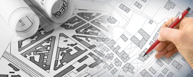 Yeni bir şehir planlamak - Bir kalemle mühendis-mimar çizimi yeni bir modern hayali kasabanın taslağı - konsept resim.