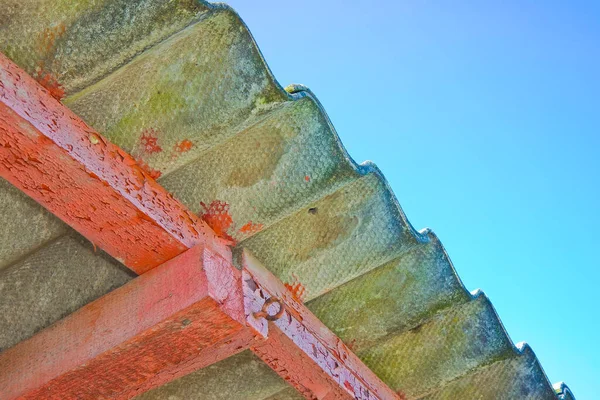 Old Aged Dangerous Roof Made Corrugated Asbestos Panels One Most — Stock Photo, Image