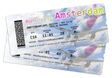 Amsterdam 'a uçak biletleri beyazlara izole edilmiş, görüntülerin içeriği tamamen uydurulmuş ve başka birinin fikri mülkiyet haklarına aykırı değil.