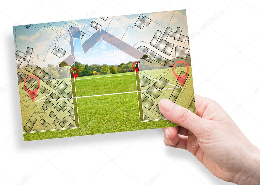 Land plot management - Imaginary city map with buildings, land parcels and home silhouette - real estate concept with a vacant land on a green field available for building construction in a residential area for sale