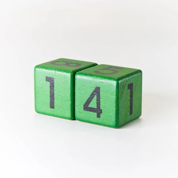 Number Fourteen Written Wooden Green Cube White Background — Stock Photo, Image