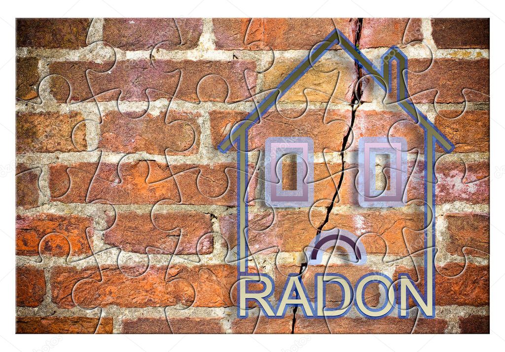 The danger of radon gas in our homes - concept image with an outline of a small house with radon text against a cracked brick wall - solution concept in jigsaw puzzle shape