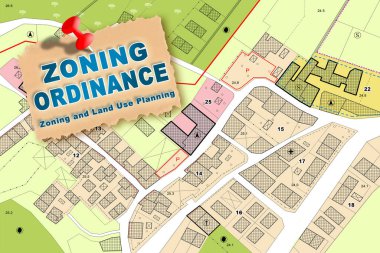 Imaginary Zoning Ordinance, General Urban Plan with indications of urban destinations with buildings, buildable areas, land plot and real estate land property clipart
