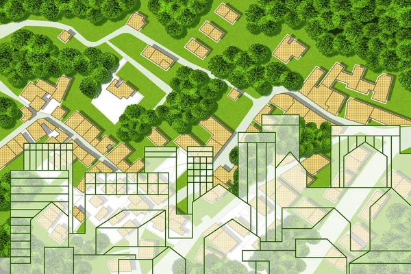 Concepto Inmobiliario Con Mapa Catastral Imaginario Territorio Con Paisaje Urbano —  Fotos de Stock