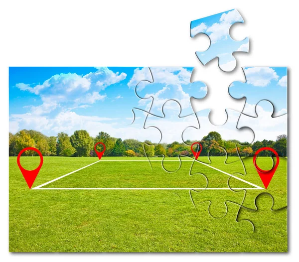 Land plot management - real estate concept with a vacant land on a green field available for building construction and housing subdivision in a residential area - puzzle shape concept