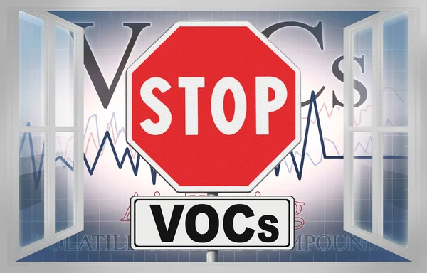 STOP Volatile organic compounds VOCs indoor pollutant - concept image view from an open window.