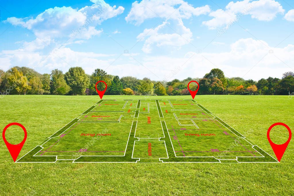 Beautiful green mowed lawn with trees and sky on background - image with copy space