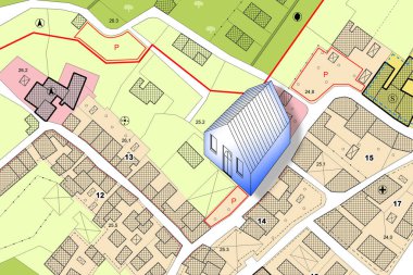 Binalar, yollar ve arazi parselli Hayali Şehir Planı - küçük bir ev kavramı - not: harita tamamen icat edilmiş ve gerçek bir yeri temsil etmiyor