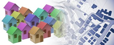 Real Estate concept with an imaginary cadastral map of territory with buildings and land