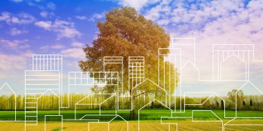 Yalnız ağaçlı bir kırsal alana karşı hayali şehir manzarası