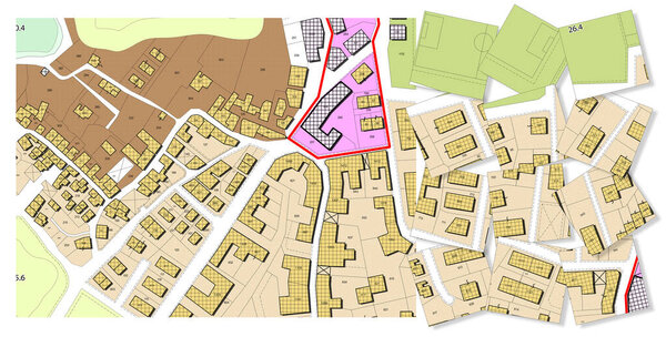 Воображаемый генеральный городской план с указанием городских направлений со зданиями, дорогами, строительными площадями и земельным участком - Проблемы и решения в форме головоломки
