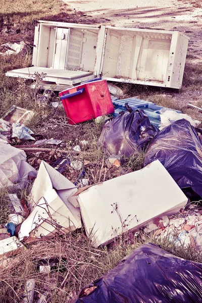 Illegal Dumping Cardboard Boxes Plastic Bags Domestic Appliances Abandoned Nature — Stock Photo, Image