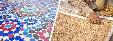 Skilled Moroccan craftsman builds a ceramic mosaic - On the right a work phase; on the left the result (Morocco - Africa)