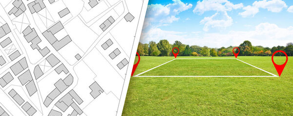 Управление земельным участком - концепция недвижимости с свободным участком для строительства в жилом районе для продажи и воображаемая кадастровая карта