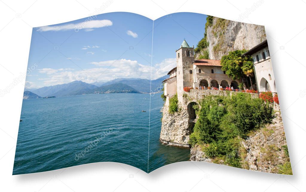 Ancient hermitage and monastery of Santa Caterina - Saint Catherine - on the cliffs of Lake Maggiore (Italy - Switzerland - Europe) - 3D render of an opened photo book isolated on white background 