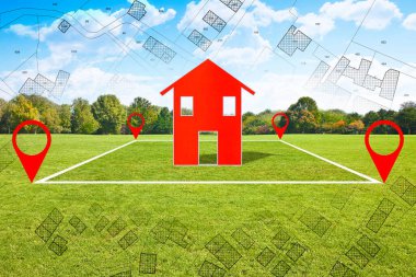Imaginary cadastral map of territory with buildings and vacant land with a small red house - Real Estate concept image