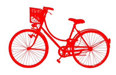 Red silhouette of old female bicycle with basket on white background for easy selection.