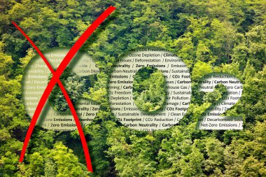 From carbon dioxide to oxygen - CO2 Net-Zero Emission - Carbon Neutrality concept against a forest with removing letter C from CO2 to get oxygen clipart